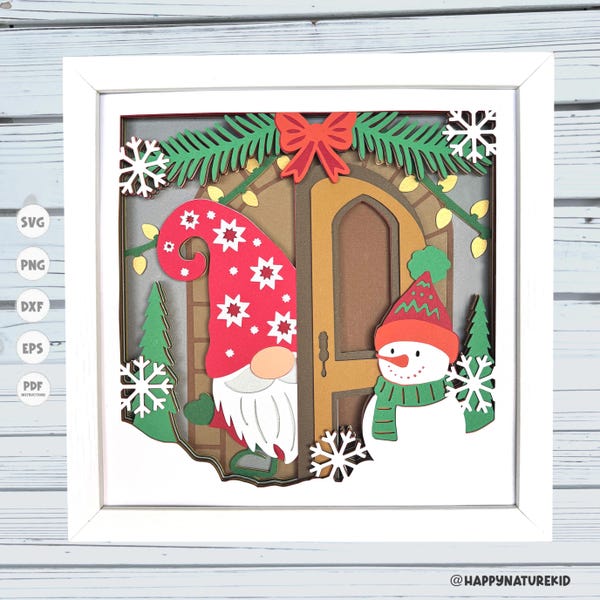 Gnome and Snowman shadow box svg, Christmas shadow box svg, 3d Layered svg, Cricut projects, silhouette svg, 3d svg, Light Box svg
