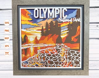 Olympic National Park shadow box svg, Sunset shadow box svg, Cricut svg, 3d Layered svg, Cricut Projects, Silhouette svg, Light Box, 3d svg