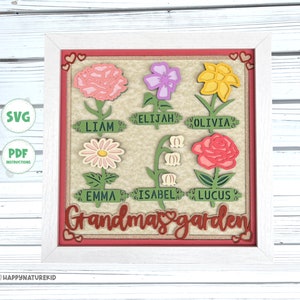 Caja de sombras personalizada del jardín de la abuela svg, flores del mes de nacimiento 3d svg, svg en capas 3d, nombre de familia personalizado svg, 3d svg, Cardstock svg