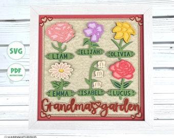 Może przedstawiać: Drewniany znak w kolorze czerwonym i białym z napisem "Grandma's Garden" w ozdobnym stylu pisma. Znak jest ozdobiony sercami i kwiatami. Na znaku widnieją imiona Liam, Elijah, Olivia, Emma, Isabel i Lucas.