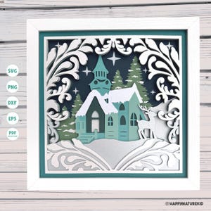 Winter Church shadow box svg, Christmas shadow box svg, snowy shadow box svg, Cricut projects, silhouette svg, 3d svg, 3d layered svg