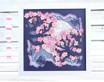 3d Cherry Blossoms shadow box svg, Cherry Tree shadow box svg, Spring Shadow box svg, Summer shadow box svg, 3d Layered svg, 3d svg