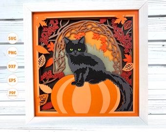 3d Fall Cat Scene shadow box svg, 3d Fall Shadow box svg, 3d Layered svg, 3d Pumpkin svg, Card stock svg, Svg files for Cricut, Fall Decor