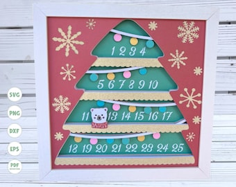 May include: A framed Christmas advent calendar with a green tree design. The tree has layers with numbers 1-25, lights, and a polar bear. The background is red with gold snowflakes. The frame is white.
