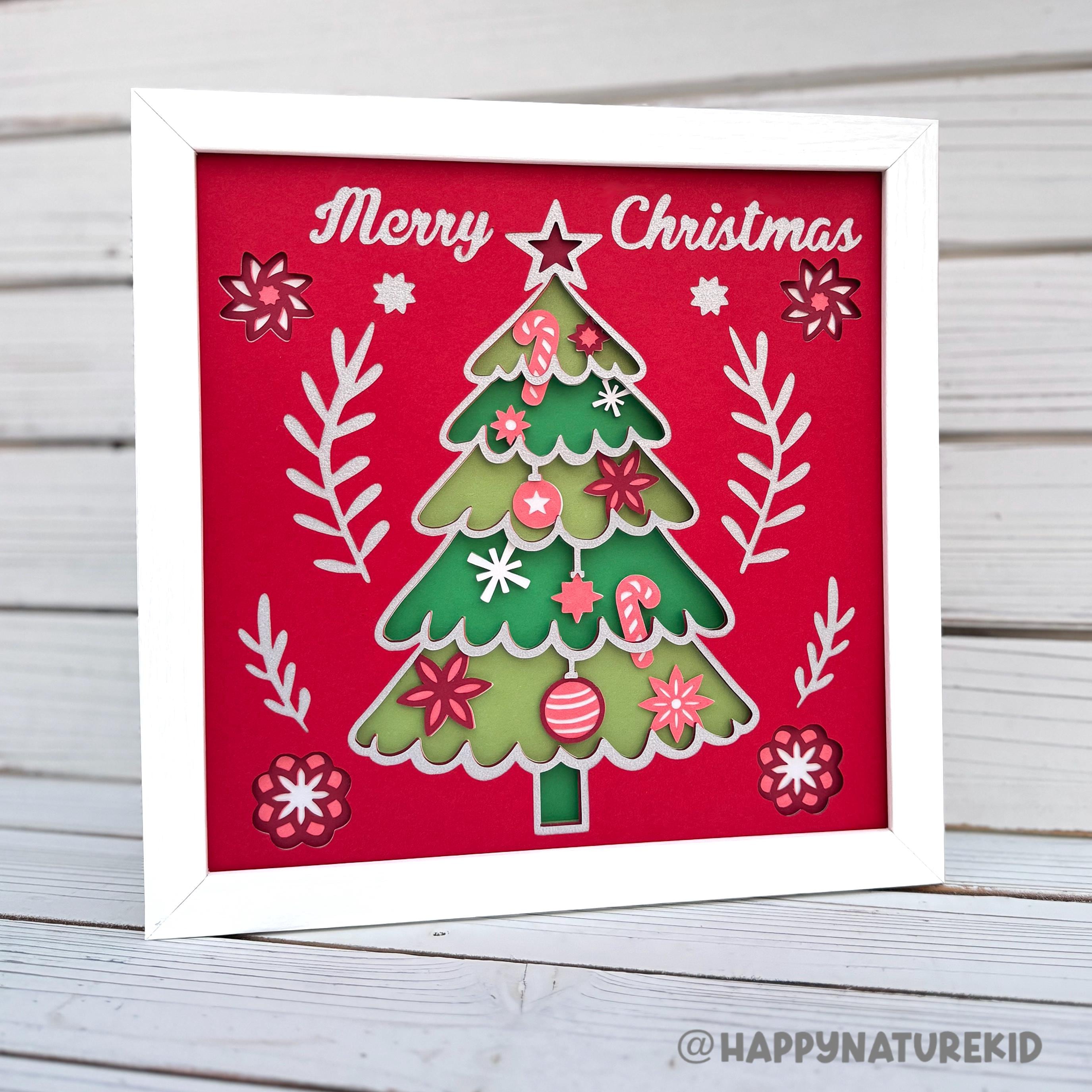 装飾的なクリスマスツリーのシャドーボックス SVG、メリークリスマスの