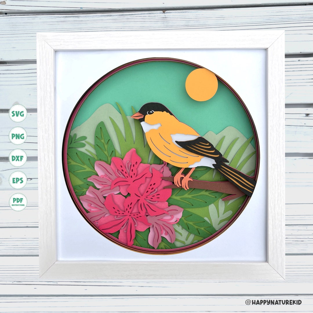 Goldfinch Bird Shadow Box Svg, Bird and Flower Shadow Box Template