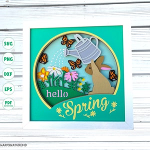3d Hello Spring Shadow Box svg 3d geschichtet svg Ostern Shadow Box svg Osterhase svg 3d svg Dateien für Cricut 3d Blumen svg Wildblumen svg