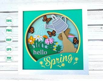 3d Hola Primavera caja de sombras svg 3d capas svg Caja de sombras de Pascua svg Conejito de Pascua svg archivos 3d svg para Cricut 3d flores svg Flores silvestres svg