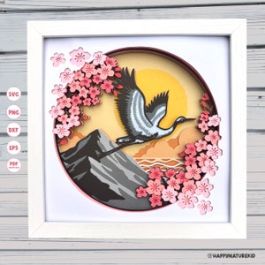 Grue japonaise shadow box svg, svg de boîte d'ombre de fleurs de cerisier, svg de boîte d'ombre asiatique, projets Cricut, fichiers Svg pour Cricut, svg en couches 3D