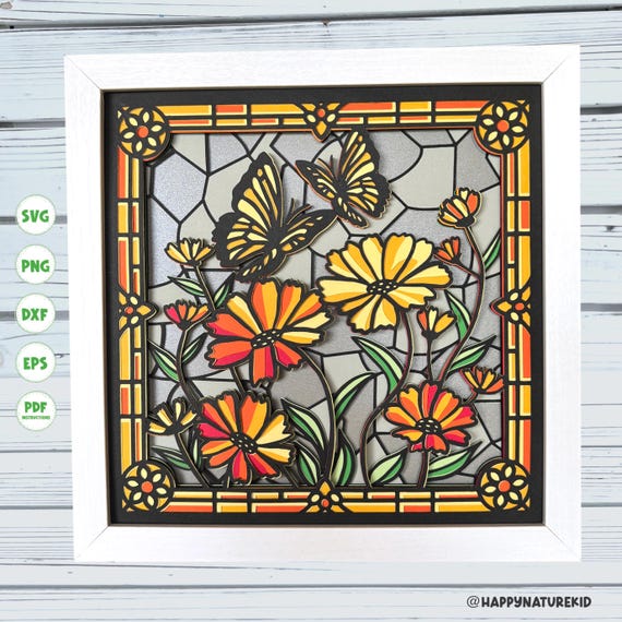 Flower and Butterfly Stained Glass Shadow Box svg, Flower shadow box svg Spring shadow box svg, Svg files for Cricut, silhouette svg, 3d svg