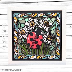 Ladybug Stained Glass shadow box svg, Flower shadow box svg, Daffodils shadow box svg, Cricut Projects, 3d svg, Svg files for Cricut