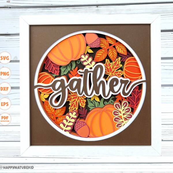 Gather shadow box svg, Thanksgiving Shadow box svg, Fall shadow box, 3d svg, Svg files for Cricut, Gather svg, Fall svg, Leaves svg.