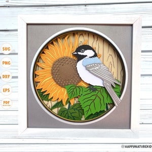 Mésange 3D sur une boîte d’ombre de tournesol svg, 3d Tournesol svg, Mésange svg, 3d svg, 3d Layered svg, Fichiers Svg pour Cricut, Mandala svg