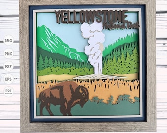 Caja de sombras de Yellowstone svg, caja de sombras de parque nacional svg, proyectos de Cricut, archivos svg para Cricut, silueta svg, svg 3d