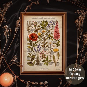 Vintage bloemen: A4- en A3-afdruk | Bevat grappige verborgen boodschap: Dark Academia, Cottagecore, Witchy Aesthetic, Gothic, Quirky Art Poster