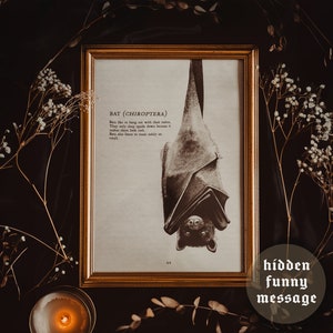 Fledermaus - Druck A4 | Enthält lustige versteckte Botschaft - Dark Academia, Cottagecore, Witchy Aesthetic, Vintage, Gothic, Tier, schrulliges Kunstposter