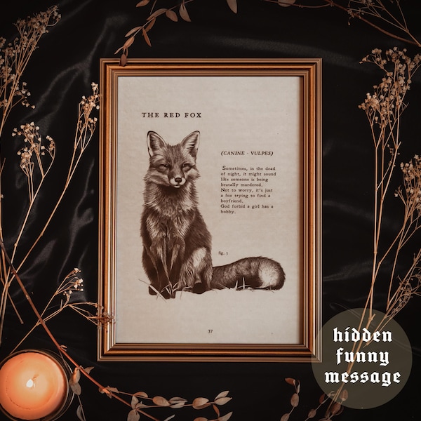 Red Fox - A4 Print | Includes Funny Hidden Message - Dark Academia, Cottagecore, Vintage Style, Gothic, Animal, Witchy, Art Poster