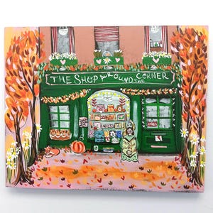 Pintura original intitulada Shop Around The Corner, arte, arte popular, pintura ingênua, arte original, caprichosa, pintura em painel de madeira, arte popular
