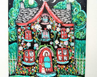 Original Acrylic Painting: The Painted House, 12x9 Wood Panel, folk art, naive painting, whimsical art, original painting on wood