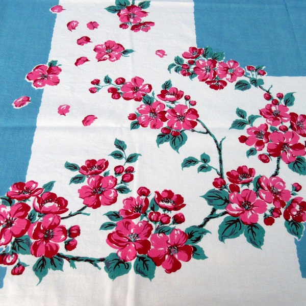 Vintage Tablecloth Pink Cherry Blossoms on Blue Floral w Napkins (53 x 46)