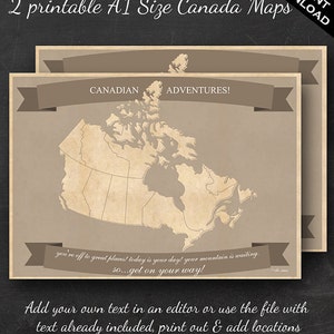 Canadian Travel Maps - Printable Canada Travel Map Instant Download - A1 Size Wall Art - 2 pack - With Text or Add your own text