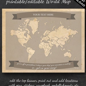 Carte de voyage du monde - Carte de voyage du monde modifiable imprimable Téléchargement instantané - Format lettre