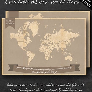 Weltreisekarten - Druckbare Weltreisekarte Sofortiger Download - A1 Wandkunst - 2er Pack - Mit Text oder Fügen Sie Ihren eigenen Text hinzu
