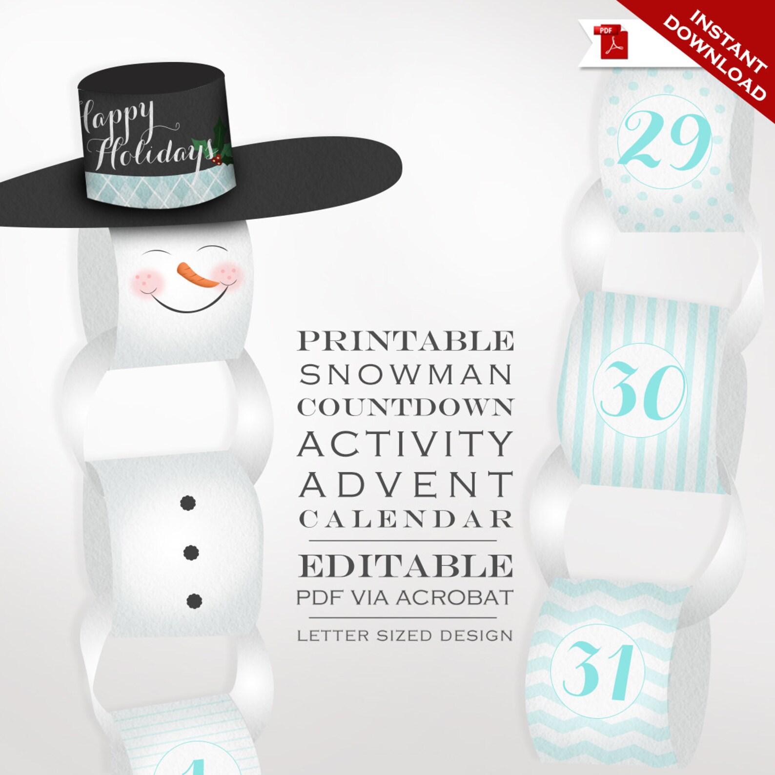 Snowman Countdown Calendar Printable Holiday Countdown Etsy