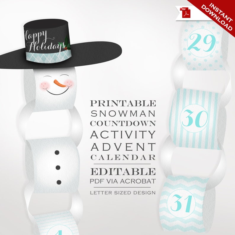 Snowman Countdown Calendar Printable Holiday Countdown Etsy