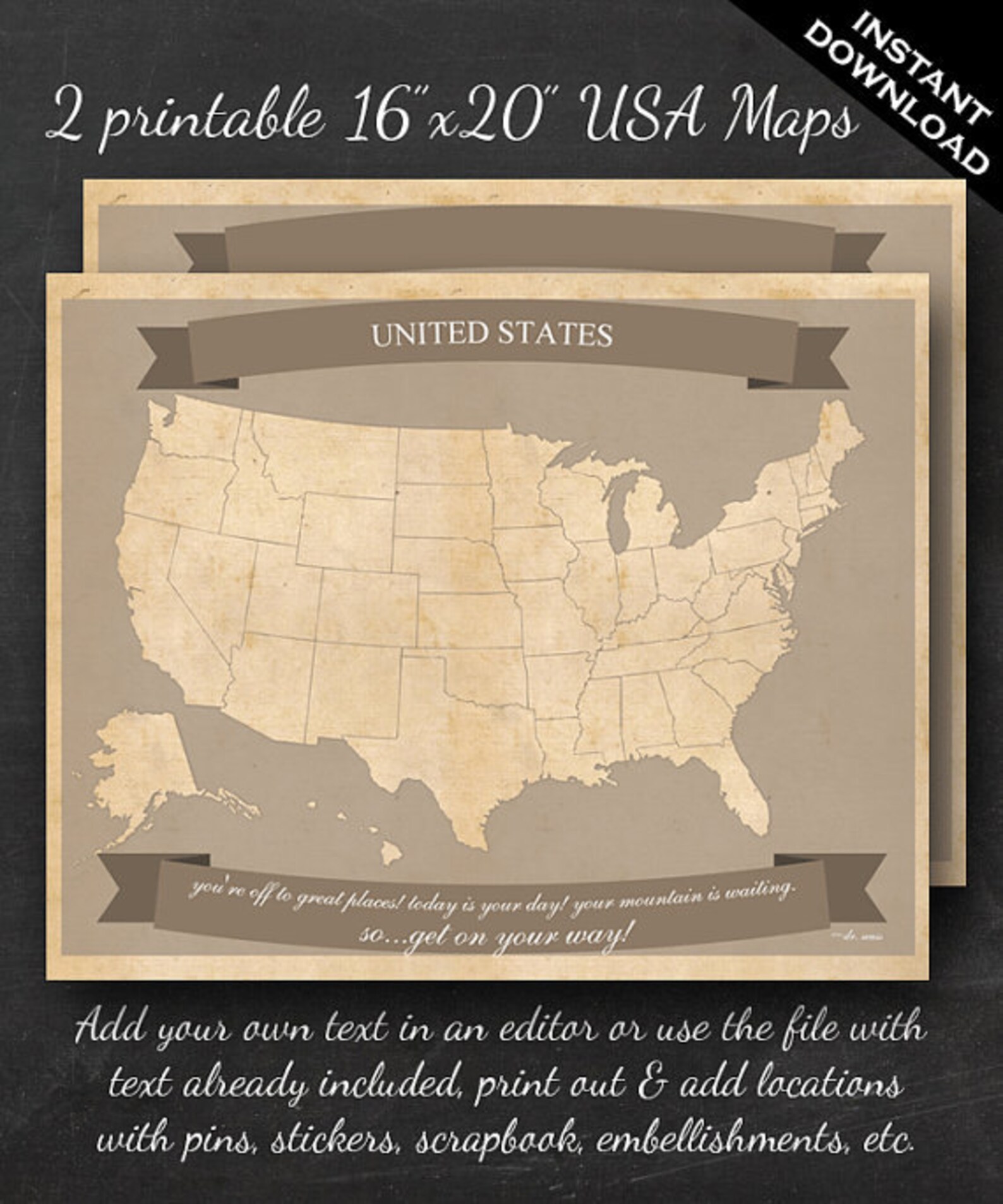 United States Travel Maps - Printable USA Travel Map Instant Download - 16"x20" US Wall Art - 2 ...