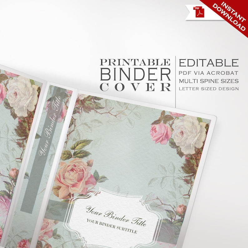 Binder Cover Printable Editable French Country Vintage Rose Theme Instant Download Multiple Spine Sizes Organization Binder Cover image 1
