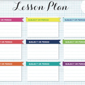 May include: A printable lesson plan template with nine sections for different subjects or periods. Each section has a blank space for writing and a colorful banner at the top with the text "SUBJECT OR PERIOD".