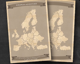 European Travel Maps - Printable Europe Travel Map Instant Download - 60 "x 36" EU Wandkunst - 2er-Pack - Mit Text oder fügen Sie Ihren eigenen Text hinzu