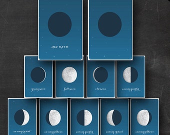 Moon Phases Flashcards- Printable Flash cards of the Phases of the Moon Instant Download - Moon Flashcards Astronomy Lunar Phases Astrology