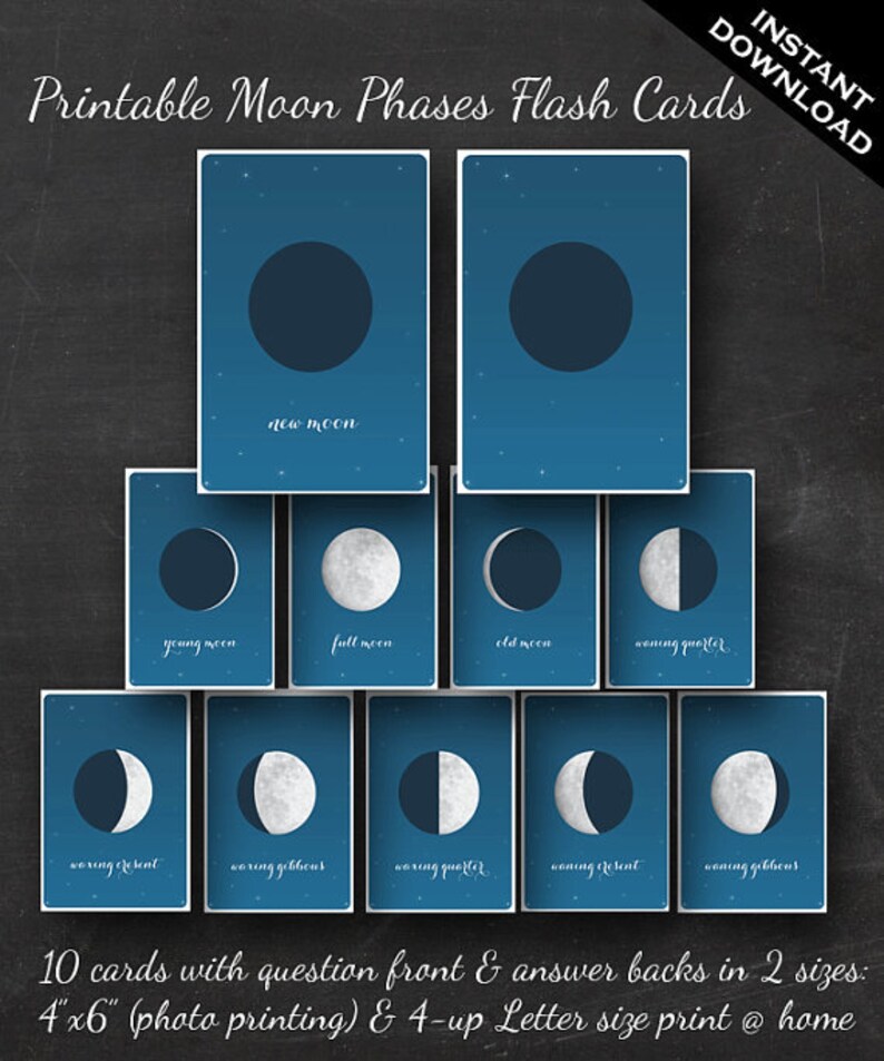 Moon Phases Flashcards Printable Flash Cards Of The Phases Of Etsy