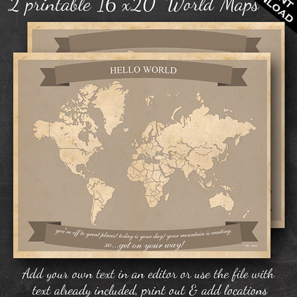 World Travel Maps - Printable World Travel Map Instant Download - 16"x20" Wall Art - 2 pack - With Text or Add your own text