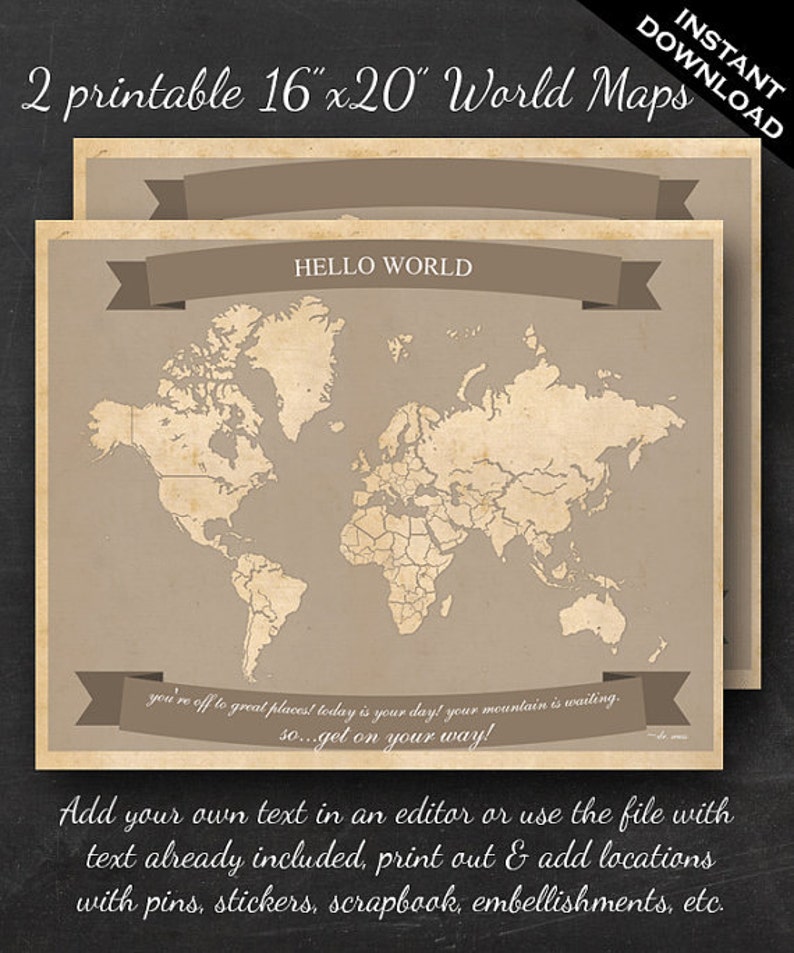 World Travel Maps Printable World Travel Map Instant Download 16x20 Wall Art 2 pack With Text or Add your own text image 1