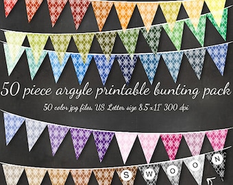 HUGE Argyle Bunting - Printable Editable 51 Piece Preppy Bunting Download - St Patricks Golf Party Banner Flags Wedding Holiday Custom