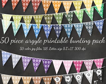 HUGE Argyle Bunting - Printable Editable 51 Piece Preppy Bunting Download - St Patricks Golf Party Banner Flags Wedding Holiday Custom