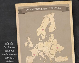 Travel Map - Printable Editable Europe Travel Map Instant Download