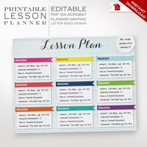 May include: A printable lesson planner template with the title "Lesson Plan" and the text "Homer's The Iliad (pg. 123-143)" repeated across six sections. Each section includes the text "Reading", "Character Worksheets 1-5", "Fate vs. Freewill Discussion", and "Homework: "The Illiad" (pg 144-165)".