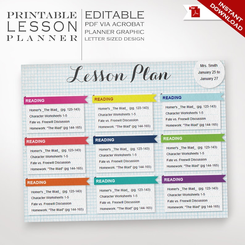 May include: A printable lesson planner template with the title "Lesson Plan" and the text "Homer's The Iliad (pg. 123-143)" repeated across six sections. Each section includes the text "Reading", "Character Worksheets 1-5", "Fate vs. Freewill Discussion", and "Homework: "The Illiad" (pg 144-165)".
