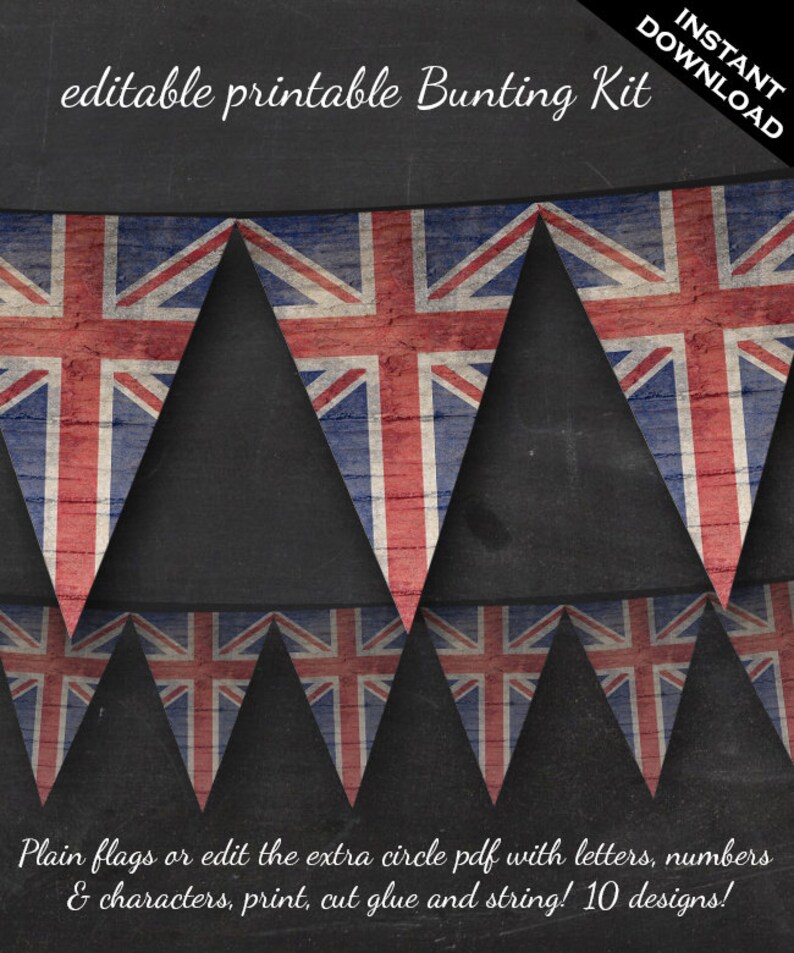 Union Jack Bunting - Printable Editable British London Union Jack Bunting Instant Download - Classroom Party Banner Flags Custom Name 