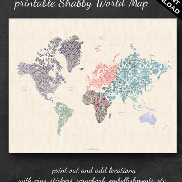 Printable World Map - 16" x 20" Shabby Chic PDF - Nursery Decor Homeschool Classroom Geography