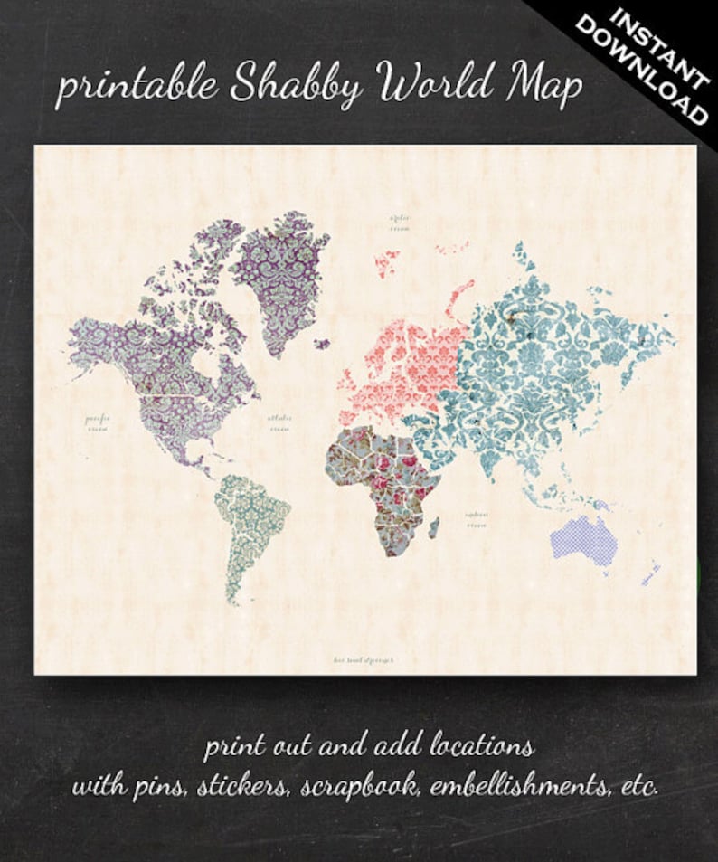 printable world map 16 x 20 shabby chic pdf etsy