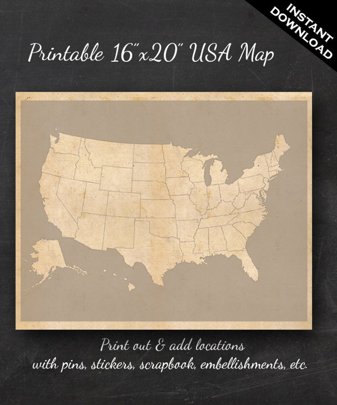 United States Travel Maps - Printable USA Travel Map Instant Download - 16"x20" US Wall Art - No ...