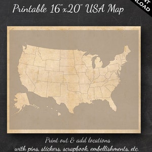 Mapas de viagens dos Estados Unidos - Mapa de viagens dos EUA para impressão, download instantâneo - Arte de parede dos EUA de 16 "x 20" - Sem estilo de banner