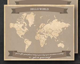 World Travel Maps - Printable World Travel Map Instant Download - 11"x14" Wall Art - 2 pack - With Text or Add your own text