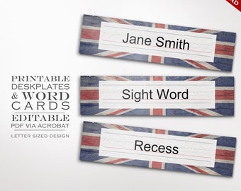 Classroom Nameplate - Printable Editable Deskplate Union Jack Word walls Cards Instant Download - Teacher Tools London Chores Britain UK