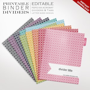 Könnte beinhalten: Druckbare Binder-Teiler mit einem geometrischen Muster in verschiedenen Farben. Die Teiler sind editierbare PDFs, die mit Text und Titeln angepasst werden können. Der Text "divider title" und "your subtitle information here" ist auf der Vorderseite des Teilers sichtbar.
